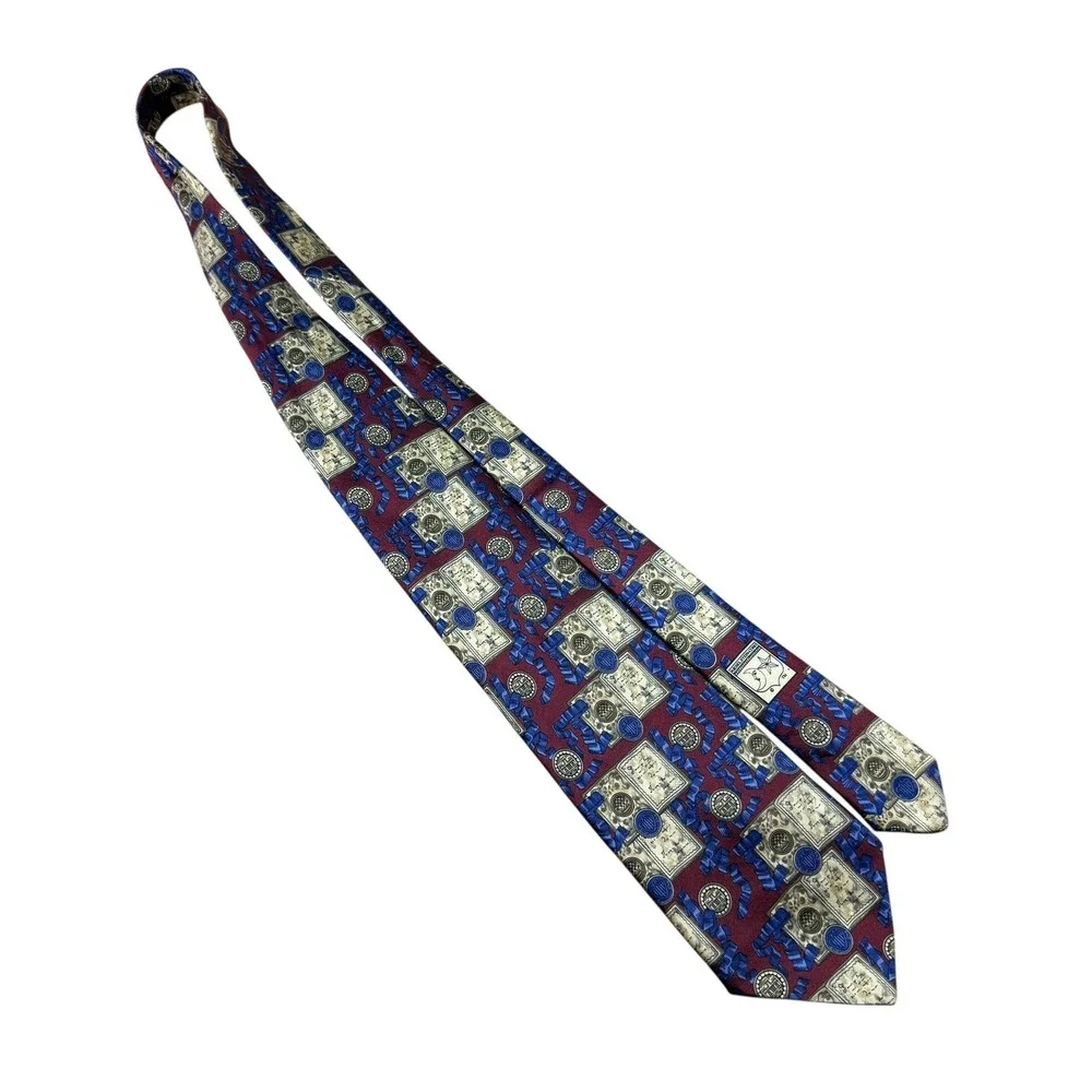 Kieselstein Cord Burgundy Blue Geometric Silk Mens Necktie Made in Italy 3.75x57